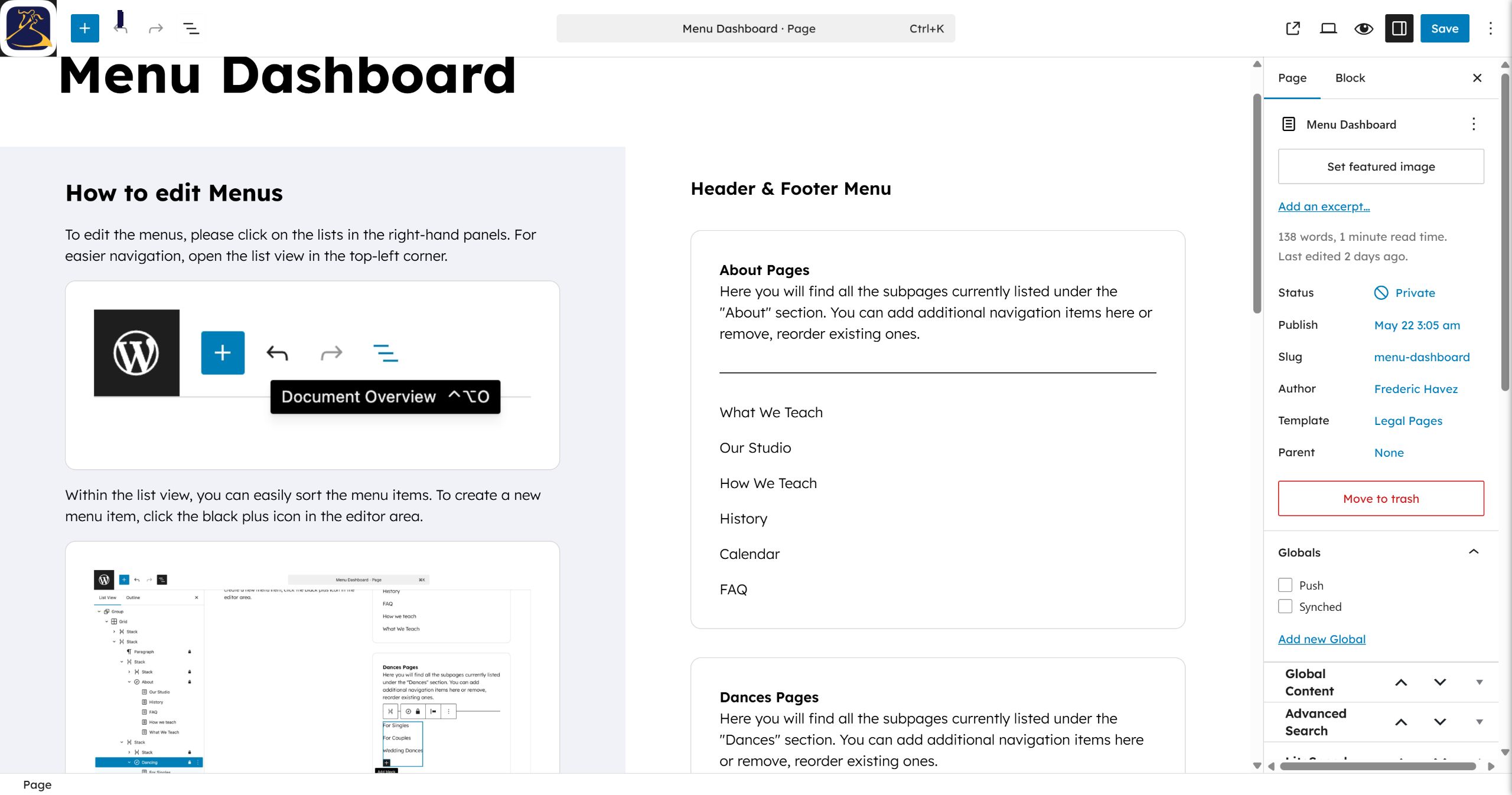 Click the top left List View icon to see the document structure.