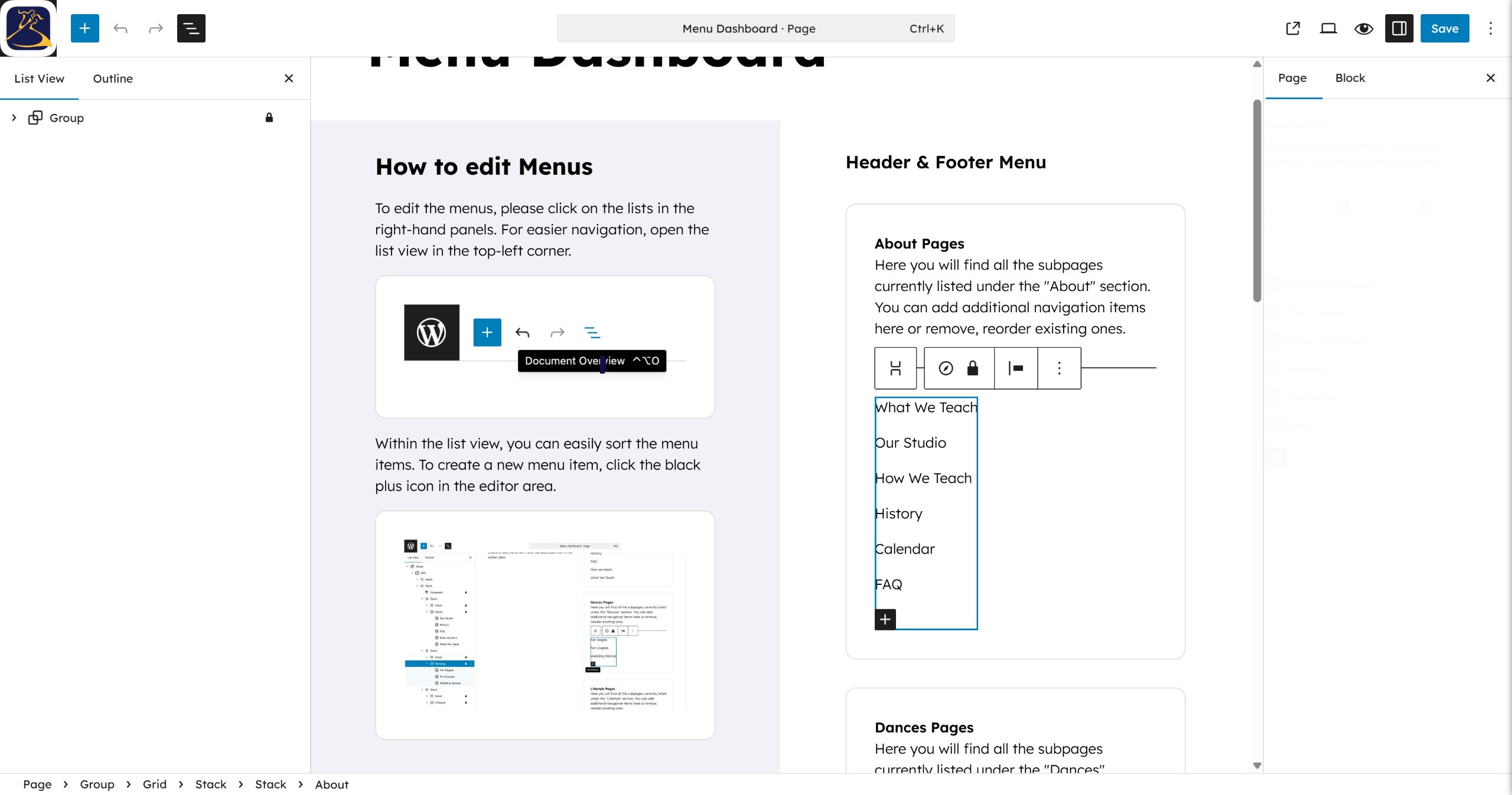 Select the About Pages navigation block in the main editor area.