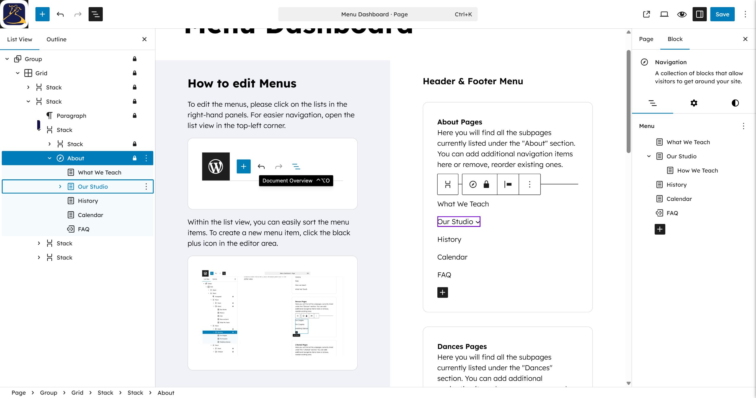 Click the Our Studio item in the list view to select it.
