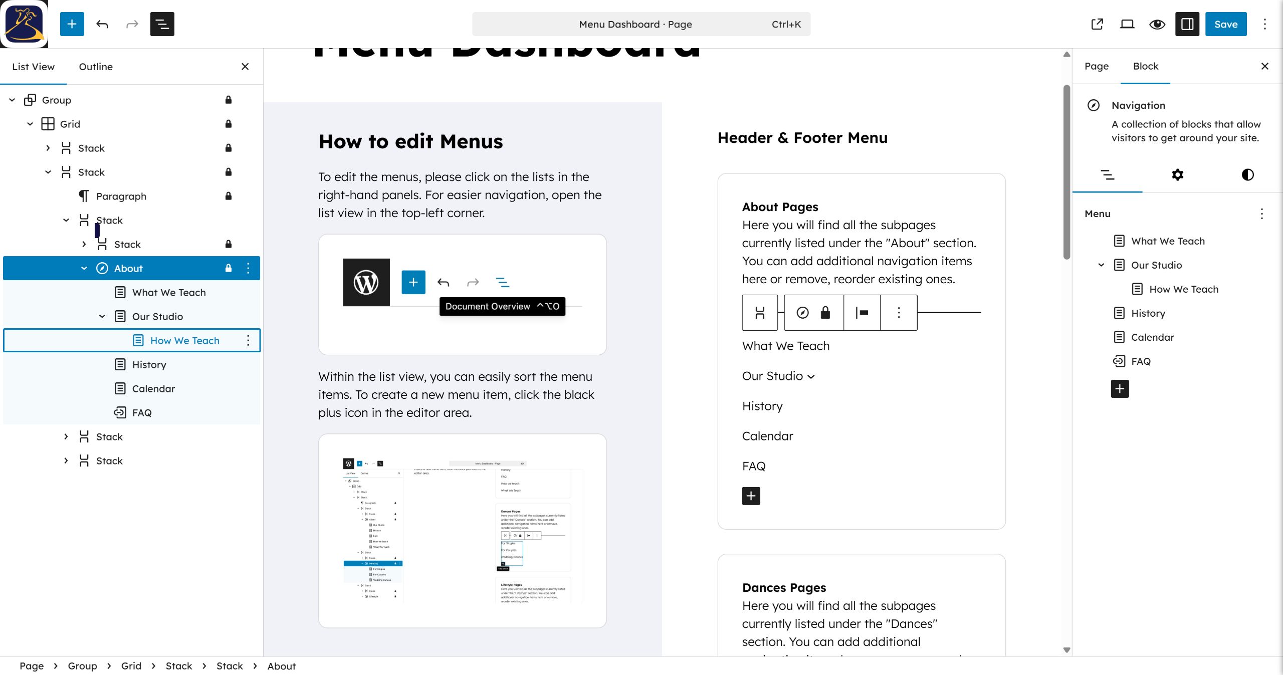 Select How We Teach in the list view to change your focus.