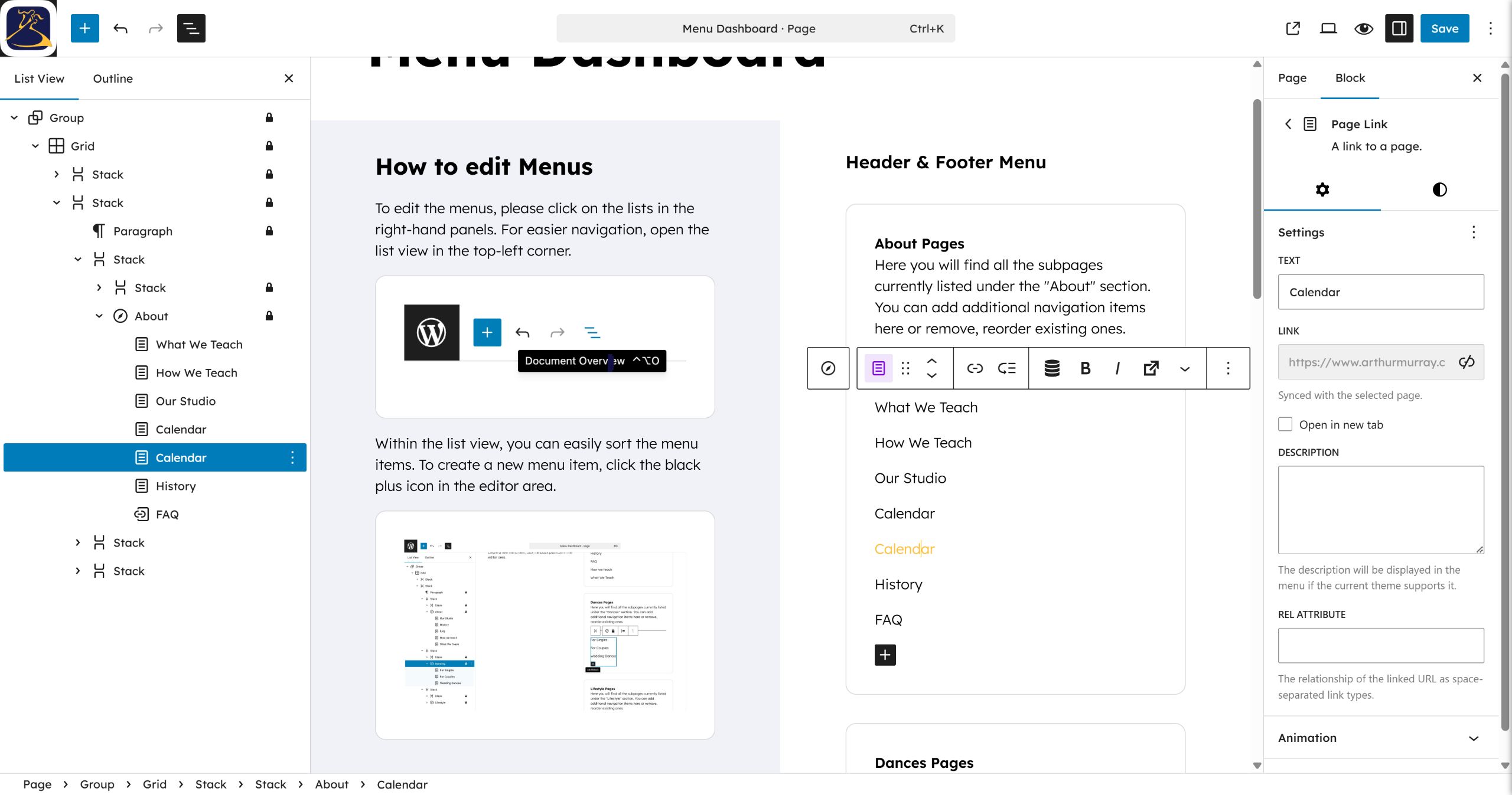 Click the Text field in the settings panel to rename the link.