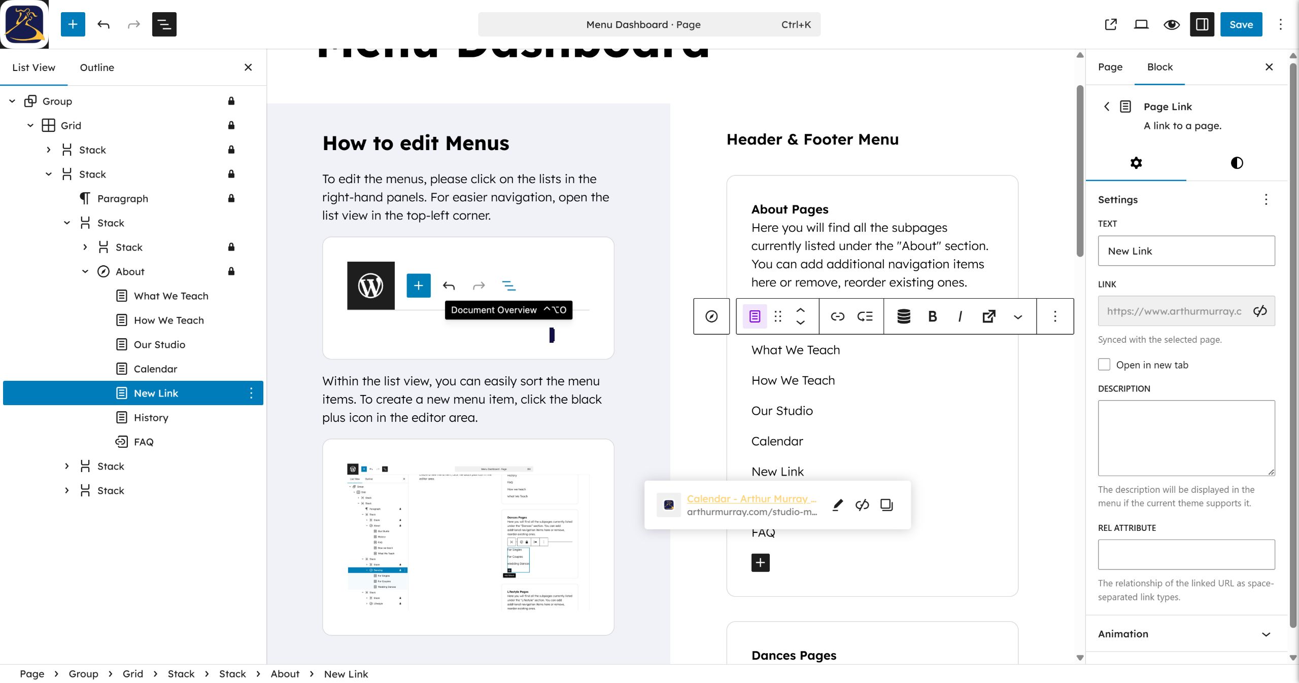 Click the Edit icon on the popover to change the assigned URL.