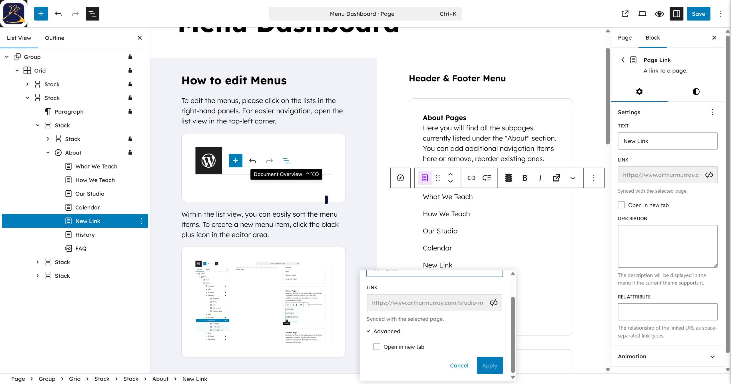 Click the URL search field to search for an existing page.