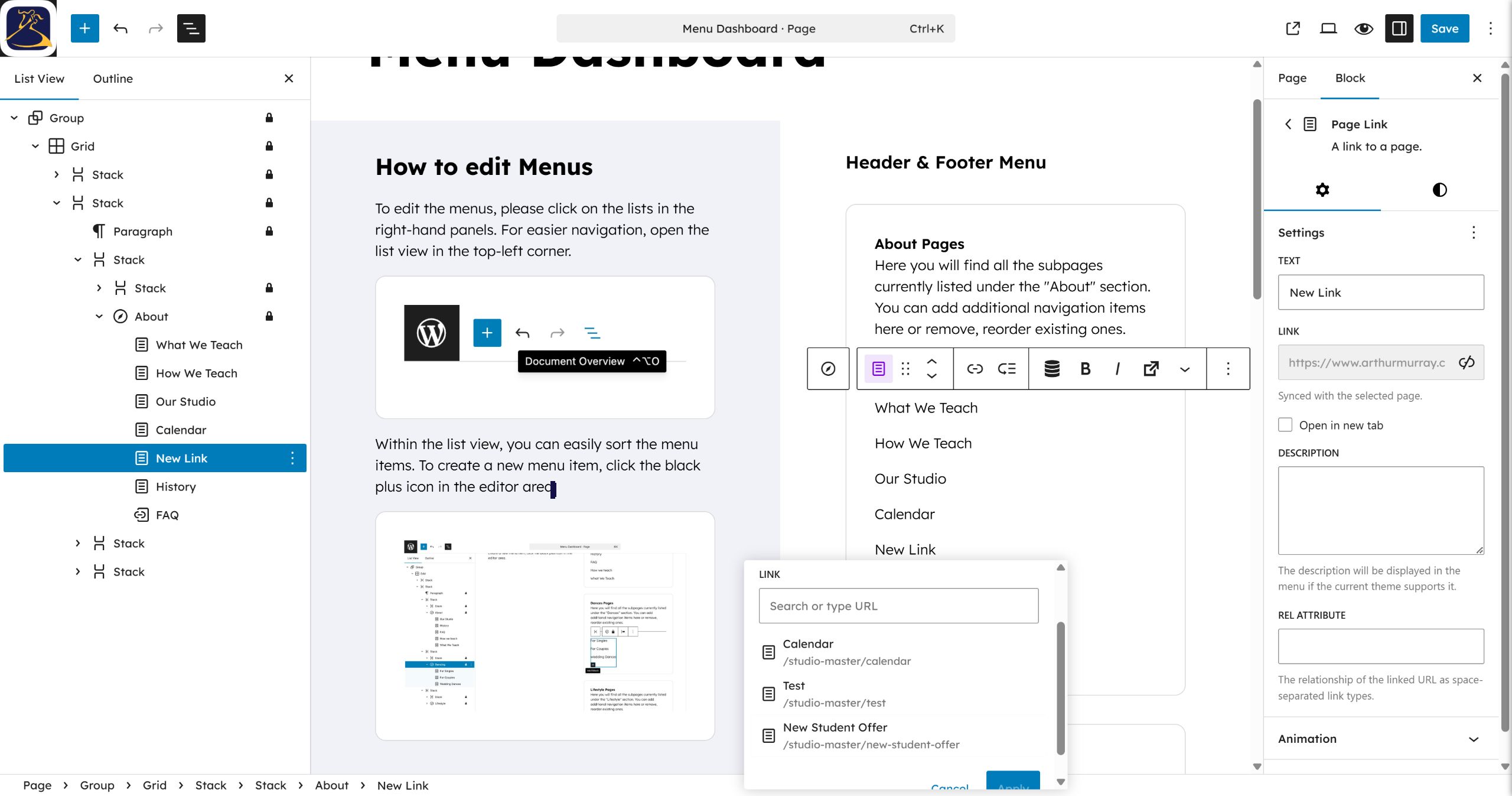 Select the target page from the dropdown to link your menu item.
